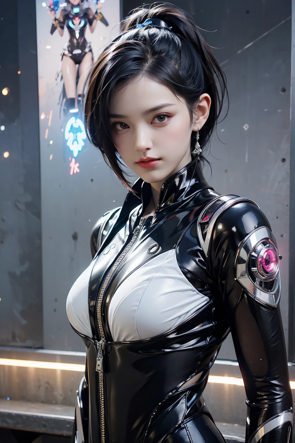 score_9, score_8_up, score_7_up, source_photo, realistic, photorealistic, masterpiece, best quality, 8k，Real human portrait，（Ultra Modern 1.2）,Bar DJ Mixer,A busty girl wearing a cyberpunk mechanical bodysuit，Sweet and lovely smile，Beer on the body，Wet，Wet，shy，Multi-light clothing，LED circuit board patterns appear on clothes，