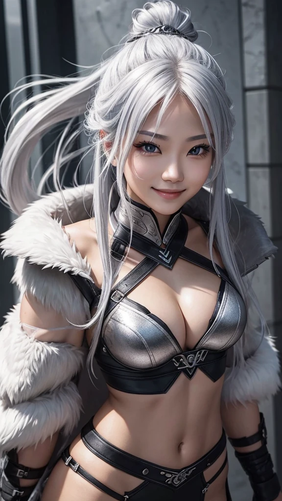 A sexy beauty who is a survival warrior with silver hair。Smiling。