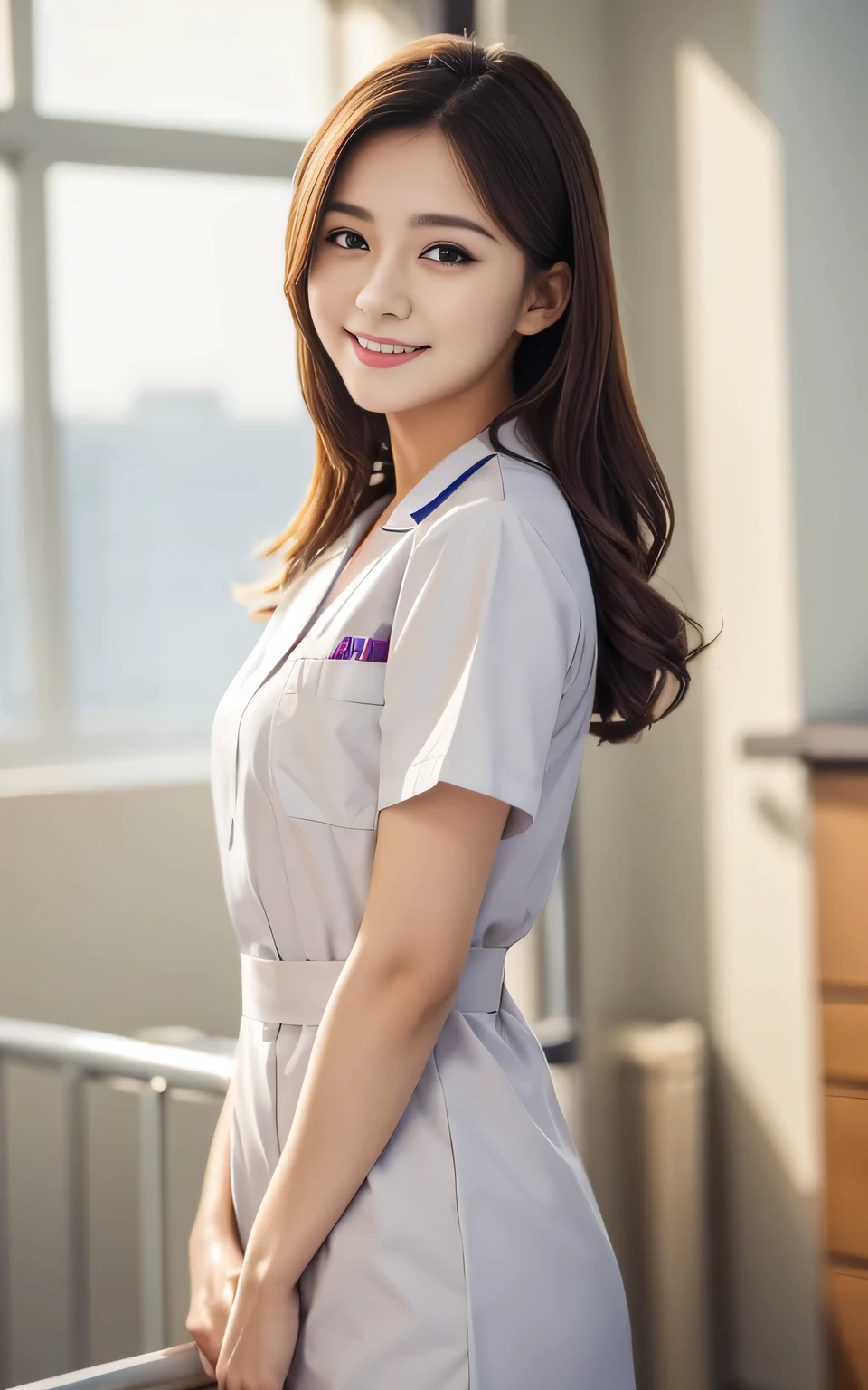 Beauty,  high quality, Complete, In detail, High resolution, 8k wallpaper, whole body, Perfect dynamic composition,  Beautiful attention to detail, Random poses, Charm, Alluring, 20 year's old, round face, nurse, hospital, light smile