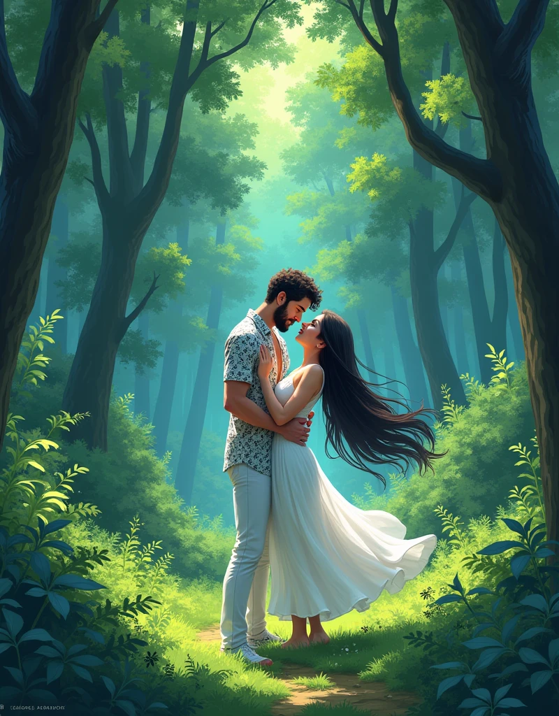 Create a anime style landscape image. Vibrant and dramatic image featuring a couple in a lush, green forest setting. The man, with a beard and fair skin tone, is dressed in a white and black patterned shirt and white pants. He is holding the woman, who has long, flowing dark hair and a medium skin tone, as she leans back gracefully. She is wearing a white, flowing dress that adds a sense of movement to the scene. The background is dense with tall trees and green foliage, creating a natural and serene atmosphere. The overall composition is romantic and dramatic, with the couple's pose and the flowing dress adding a sense of elegance and motion.
