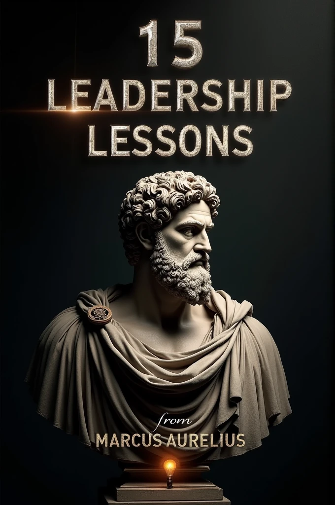 "Create a hyper-realistic, dark and moody background with rich textures and subtle gradients. Place an incredibly detailed, lifelike portrait or sculpture of Marcus Aurelius at the center with dramatic, focused lighting to accentuate his features. Add bold, sophisticated text at the top reading '15 Leadership Lessons' and a smaller, complementary text at the bottom saying 'from Marcus Aurelius.' Ensure the text has a subtle glow or shadow for contrast. Optionally, include a small, realistic icon such as a glowing lightbulb or a regal crown to signify wisdom and leadership, blending harmoniously with the overall design."