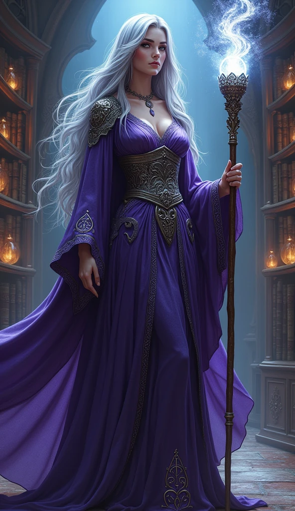 A mystical sorceress in a flowing, dark purple robe adorned with silver runes. Her staff, topped with a glowing crystal orb, radiates magic. She stands in an ancient library with shelves of spellbooks and arcane artifacts, with a swirling magical energy surrounding her.