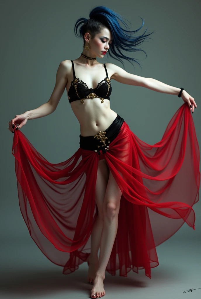 1 boy with pale white skin 
Emo hair style from blue to black 
Gothic makeup 
Boy with a female face 
Boy 
Effeminate man with feminine and fine features
Wearing a black carnival bra with gold details 
Using black carnival taga with gold details 
Using a red semi-transparent silk fabric as a skirt
Barefoot with black painted nails
Dancing 