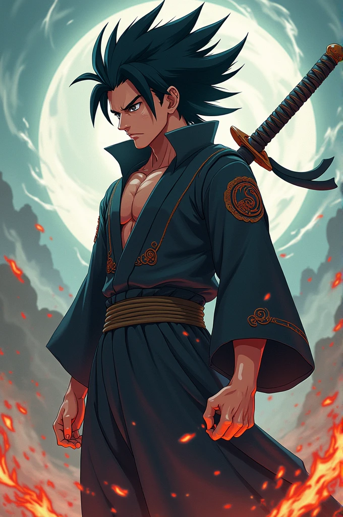 Create a Naruto style character. Big black hair with a sword 