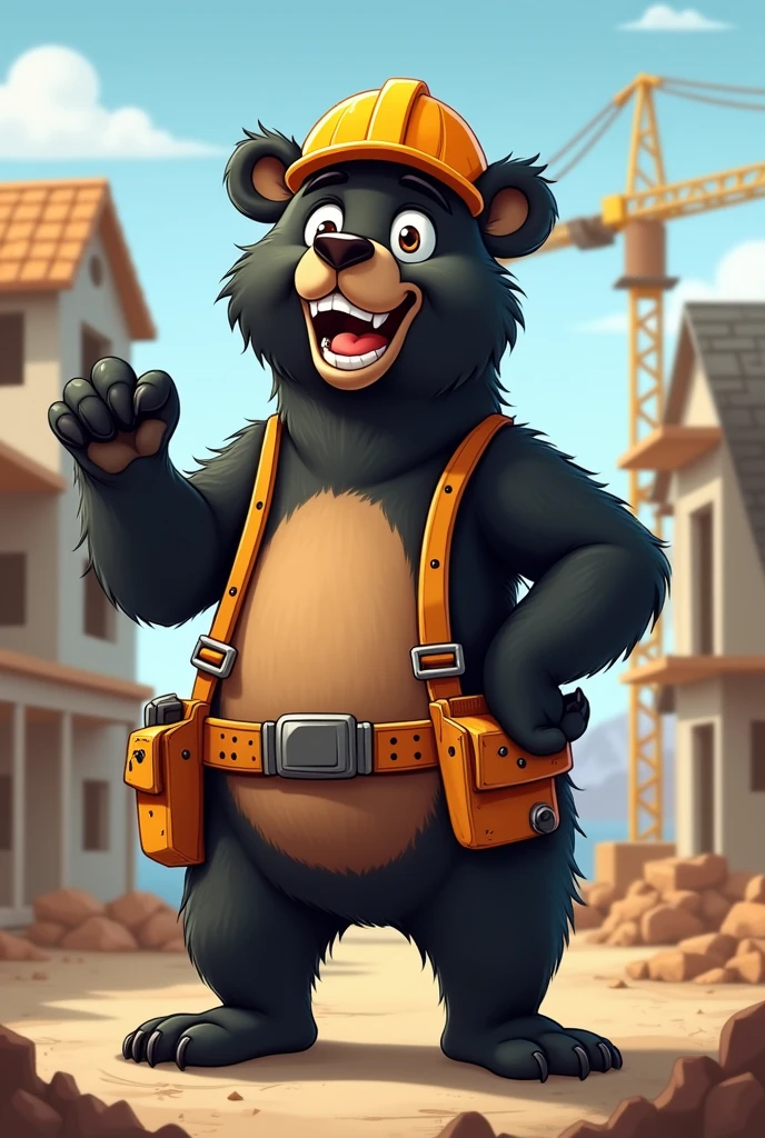 A funny adult black bear showing teeth and raising paw , as construction contractor