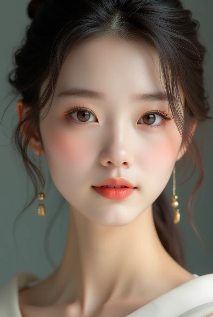 Use a hair band，Smooth forehead，No bangs to cover it，Look at the audience，Perfect facial features，High nose bridge，Thin lips，Asian beauty with big eyes