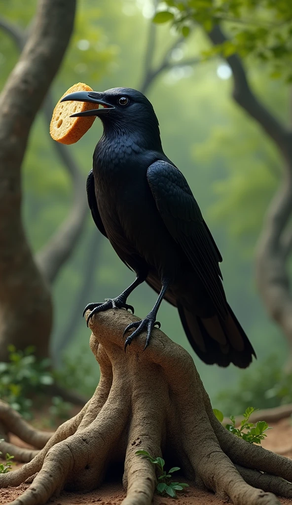 tree root: The crow sits on a new tree, and still has the same piece of bread in its mouth. He has a satisfied smile on his face.