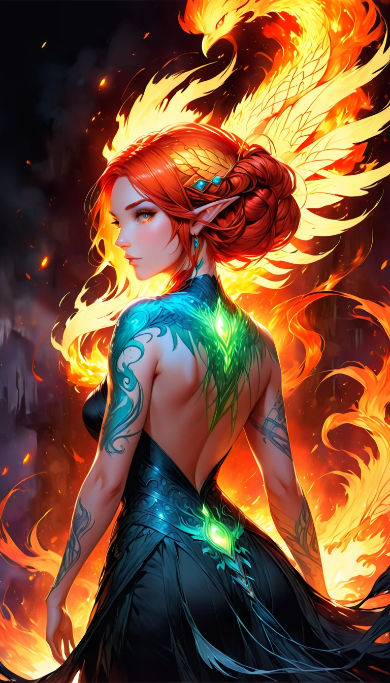 watercolor art, fantasy art, goth art, a picture of a tattoo on the back of a female elf, a glowing tattoo of a ((phoenix: 1.3)) on the elf's back, the ((phoenix tattoo)) is vivid, intricate detailed coming to life from the ink to real life, ((fire surrounds the phoenix: 1.5)), shoot taken from the back, ((the back is visible: 1.3), a most beautiful elf, exquisite beauty, small pointed ears, long hair,  she wears a transparent black dress, the dress is elegant, flowing, elven style, that the tattoos glow, dynamic hair color, dynamic hair style, rpg portrait