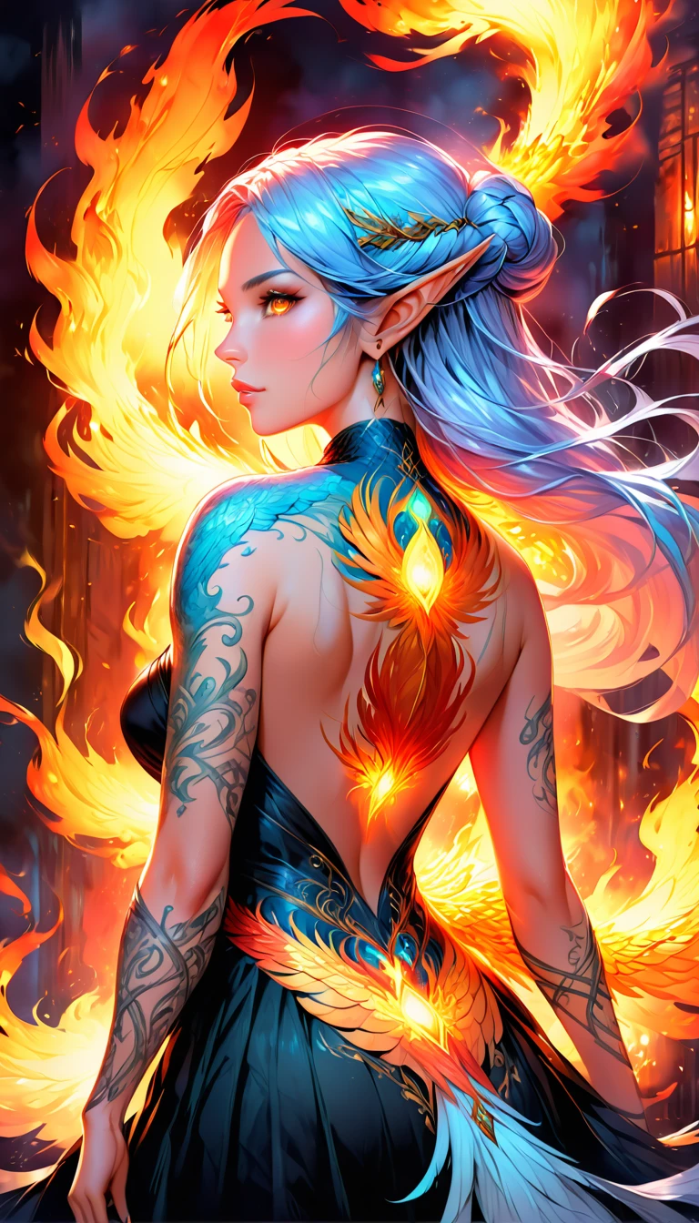 watercolor art, fantasy art, goth art, a picture of a tattoo on the back of a female elf, a glowing tattoo of a ((phoenix: 1.3)) on the elf's back, the ((phoenix tattoo)) is vivid, intricate detailed coming to life from the ink to real life, ((fire surrounds the phoenix: 1.5)), shoot taken from the back, ((the back is visible: 1.3), a most beautiful elf, exquisite beauty, small pointed ears, long hair, she wears a transparent black dress, the dress is elegant, flowing, elven style, that the tattoos glow, dynamic hair color, dynamic hair style, rpg portrait