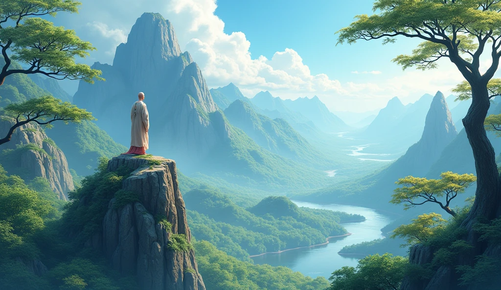 Chinese bald desciple standing on peak of mountain, beautiful scenario, peaceful, beautiful trees, forest, hill, in anime style, paradise,
