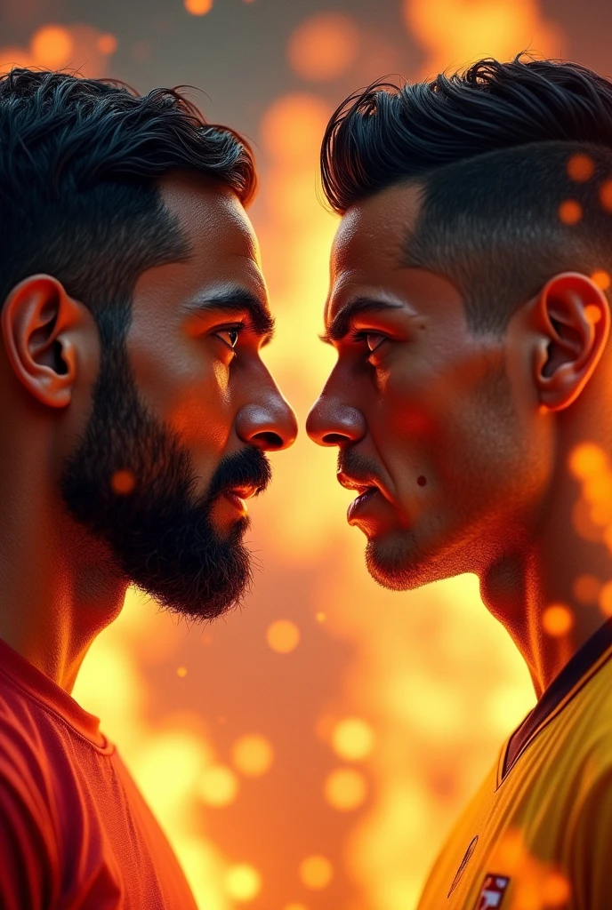 Virat kholi vs cristiano Ronaldo and background is on fire and we can see their faces clearly