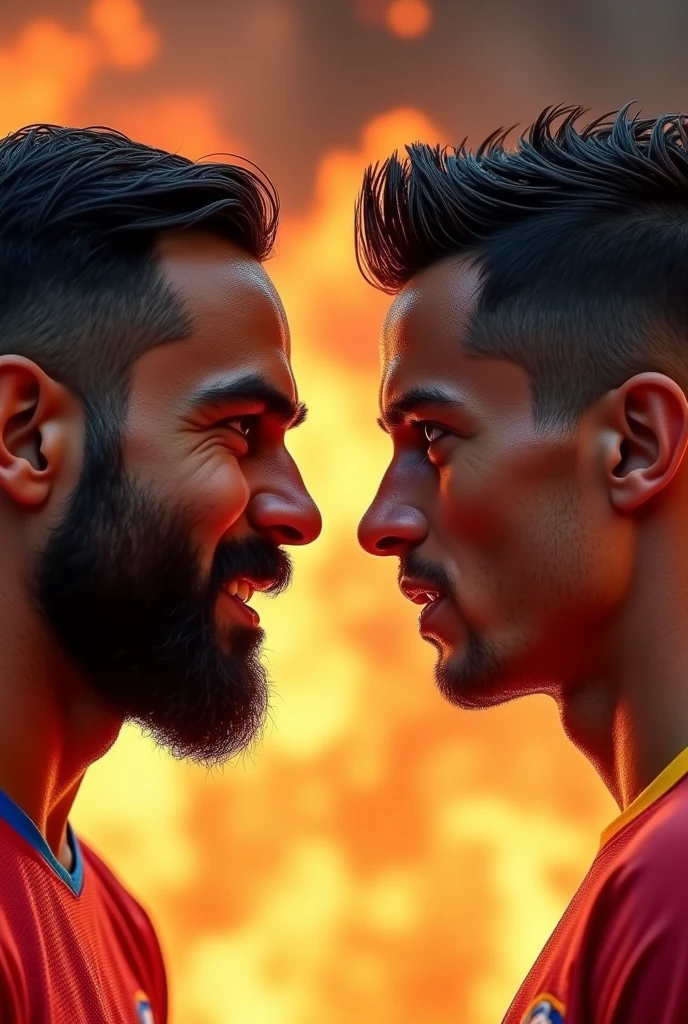 Virat kholi vs cristiano Ronaldo and background is on fire and we can see their faces clearly