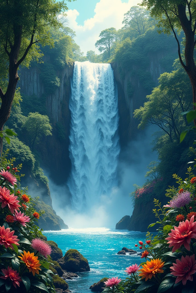 White and colour full water fall in Amazon forest with beauty full flowers at both side