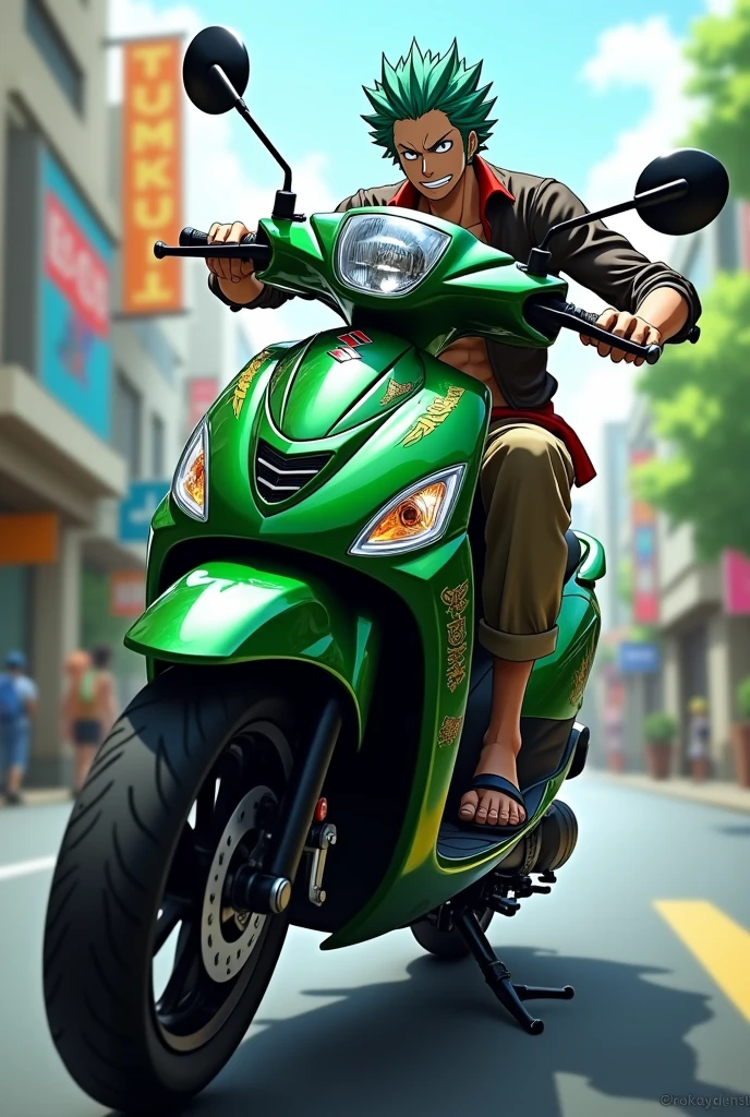 Create a Suzuki Address 110 scooter designed by Zoro from One Piece, painted green