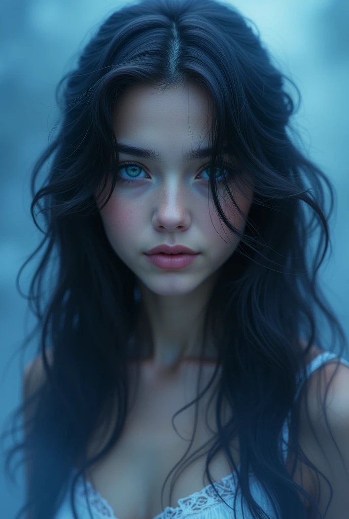 a beautiful girl with dark hair, blue eyes, long wavy black hair, blue haze