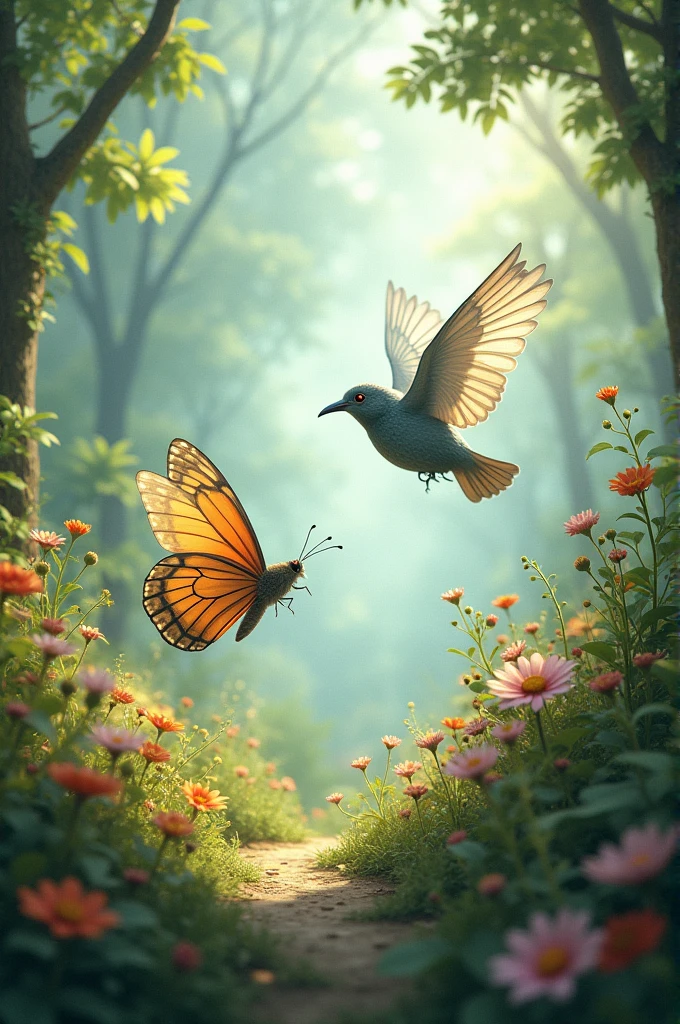 Since Their Admiration Began: Since the butterfly admired the bird's ability to soar high above the trees, seeing the world from such a vast perspective, and since the bird envied the butterfly's grace and its dance among the flowers, their admiration for each other grew.