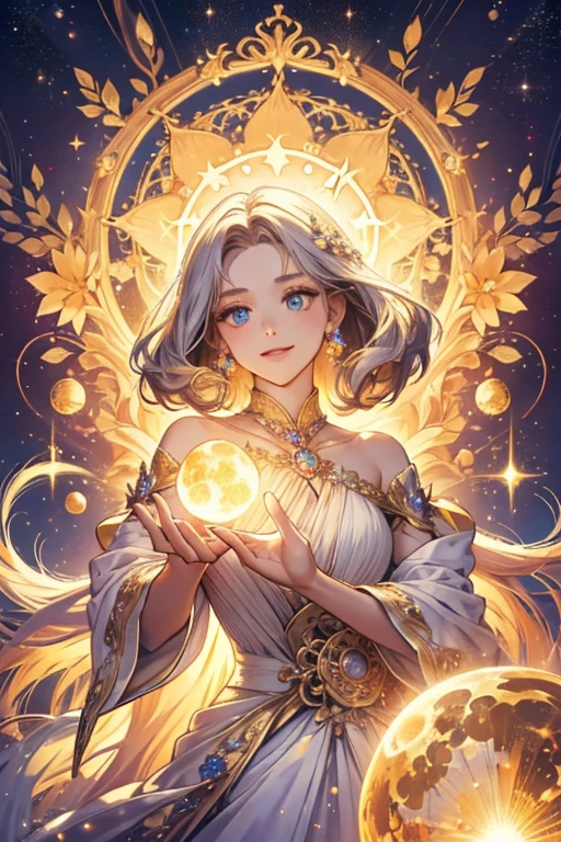 A light orb with magician circle around the orb, hand, many shining butterfly, creepy smile, sparkle sky, shining, gust of wind, light flowers, sun and moon, dark light of fantastic and cosmological with universal. Amazing view very bright and warm starry. Detail, HD, Enchanted. Multiple colours. Beautiful perfect face and anatomy. Amazing bright dress. Very epic and bright, best pose. A goddess. Golden shining accessories.