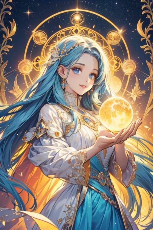 A light orb with magician circle around the orb, hand, many shining butterfly, creepy smile, sparkle sky, shining, gust of wind, light flowers, sun and moon, dark light of fantastic and cosmological with universal. Amazing view very bright and warm starry. Detail, HD, Enchanted. Multiple colours. Beautiful perfect face and ???????. Amazing bright dress. Very epic and bright, best pose. A goddess. Golden shining accessories.