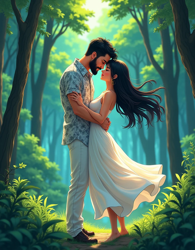 Create a anime style landscape image. Vibrant and dramatic image featuring a couple in a lush, green forest setting. The man, with a beard and fair skin tone, is dressed in a white and black patterned shirt and white pants. He is holding the woman, who has long, flowing dark hair and a medium skin tone, as she leans back gracefully. She is wearing a white, flowing dress that adds a sense of movement to the scene. The background is dense with tall trees and green foliage, creating a natural and serene atmosphere. The overall composition is romantic and dramatic, with the couple's pose and the flowing dress adding a sense of elegance and motion.