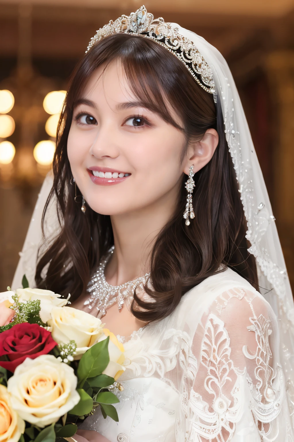 (Highest quality、Tabletop、8k、Best image quality、Award-winning works)、One beautiful bride、(alone:1.1)、(The most extravagant and gorgeous huge wedding dresses:1.1)、(Perfect Wedding Lace:1.2)、(The most extravagant and luxurious giant tiara:1.1)、(The most extravagant and luxurious giant necklace:1.1)、The most beautiful smile is looking at me、A wide selection of the finest jewelry、(Bridal upper body photo:1.1)、Perfect Makeup、Long eyelashes、Ultra HD Shining Eyes、Ultra HD Hair、Ultra-high resolution glossy lips、Ultra High Resolution Perfect Teeth、Super high resolution beautiful face、(Accurate anatomy:1.1)、(Very bright and beautiful skin:1.2)、(very bright and vivid:1.2)、(Luxury wedding venue background:1.1)Brown Hair, Red Rose