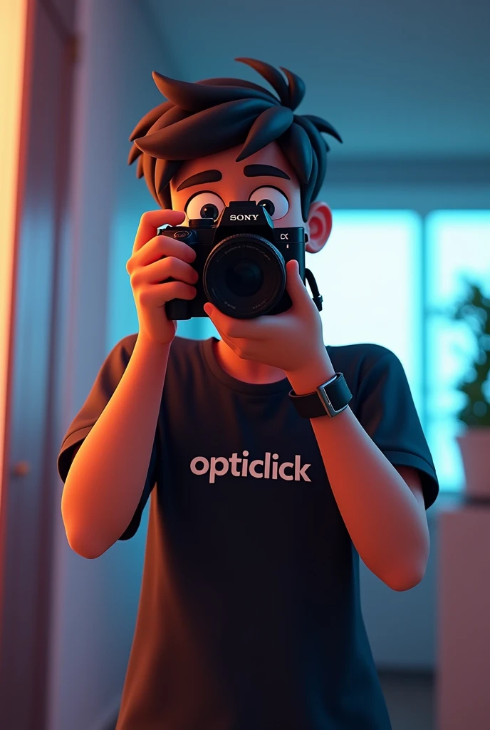 An animated photogpraher holding sony camera with black clothes wearing an tshirt written opticlick