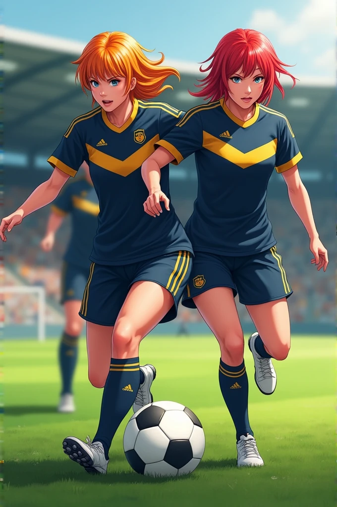 Two 1 female soccer players in action. The first one has short orange hair, while the second has red hair. They both wear a dark blue uniform with gold stripes.. They are on a football field, with a focused and dynamic attitude. Their uniforms stand out against the green grass, and it looks like they're in the middle of an exciting play.