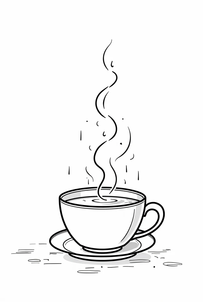 Create a Cozy Minimalist Art, Black Outline on White Background for a Printable Coloring Book of A steaming cup of tea on a rainy day. The cup of tea is inside the room and next to a window.
