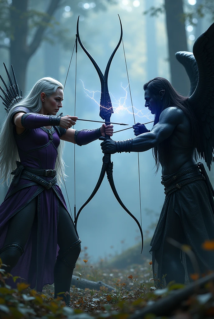 "A photorealistic battle scene in a misty forest. An elven archer with long silver hair and deep purple leather armor, wielding a black bow, faces off against a fallen angel with jet-black wings. The angel, shrouded in shadows, aims a bow made of darkness. Lightning crackles around the elf's arrow, while the angel's arrow seems to absorb light. Intense focus in their eyes, trees illuminated by the clash of light and shadow."