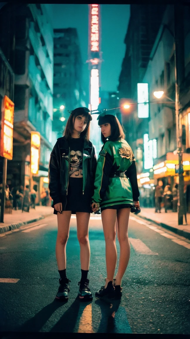 masterpiece, best quality, ultra detailed, hyper detailed, beautiful, exquisite, FHD, 8K, absurdres, 2 girls, skull, grumpy, at dusk, with a starry sky, outside, cyberpunk, full body shot, instax, tilt-shift lens, green hues