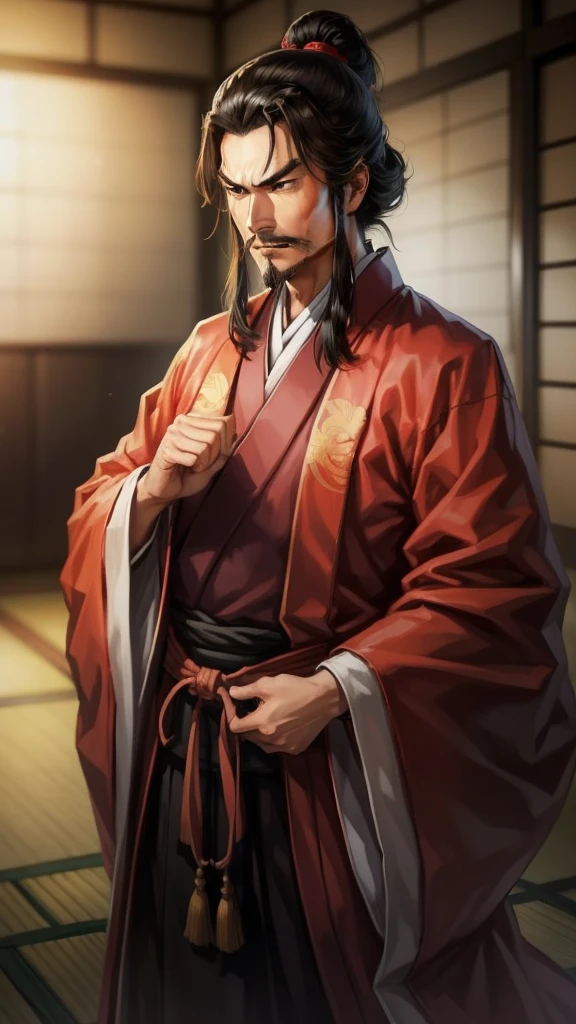 「Inside a Japanese-style mansion from the Edo period、An angry-looking Oda Nobunaga is about to urinate on one of his retainers.。Nobunaga was wearing a gorgeous kimono.、The vassals knelt down.、He is covering his face with his hands in shock。In the background, Japanese-style shoji screens and tatami mats can be seen.。」
