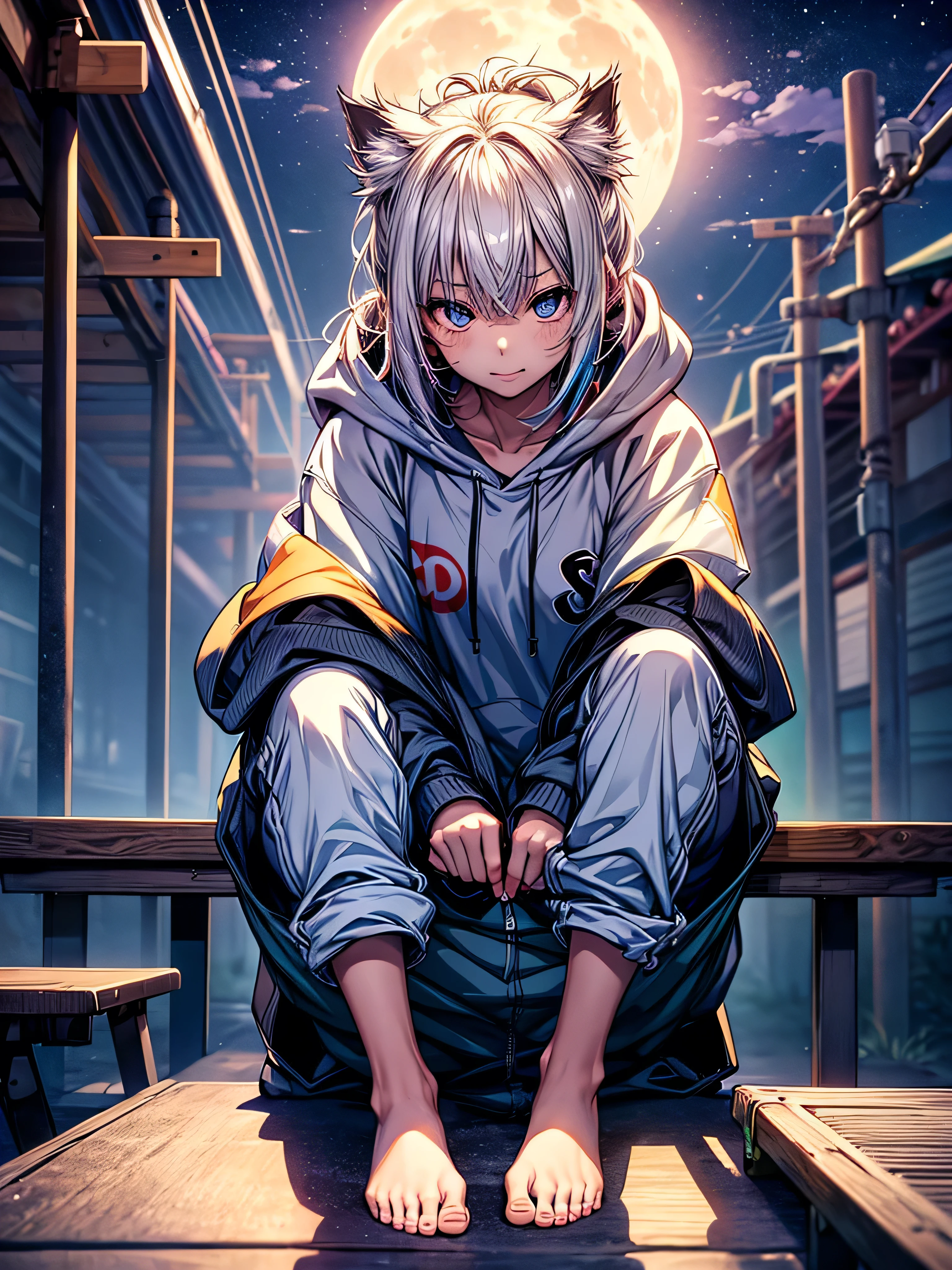 night、full moon、but、night、Hello, Realistic, One Girl, whole body, Sitting, , upon, Primary school students, casual, Baggy clothes, hoodie, barefoot, colorful, Tabletop, Highest quality, 8k,Ahegao ( Stupid / Sexual Ecstasy)