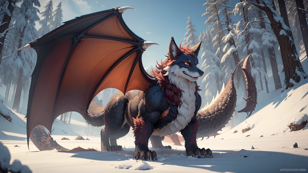 Create a hybrid anthropomorphic furry between a dragon, a wolf and a fox with characteristics where it has nine fox tails, dragon wings, fur that only has on the back to the head, wolf ears with dragon horns and a wolf nose and scales covering his arms, abdomen and chunk and legs