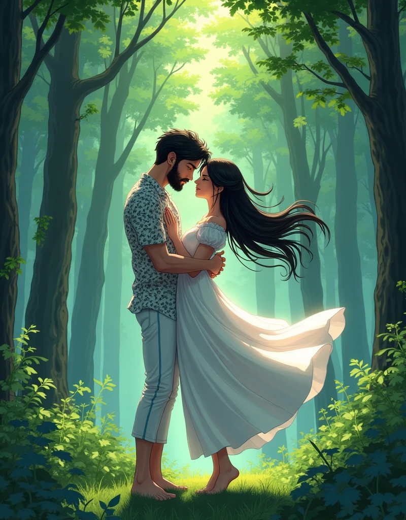 Create a anime style landscape image. Vibrant and anime dramatic image featuring a couple in a lush, green forest setting. The man, with a beard and fair skin tone, is dressed in a white and black patterned shirt and white pants. He is holding the woman, who has long, flowing dark hair and a medium skin tone, as she leans back gracefully. She is wearing a white, flowing dress that adds a sense of movement to the scene. The background is dense with tall trees and green foliage, creating a natural and serene atmosphere. The overall composition is romantic and dramatic, with the couple's pose and the flowing dress adding a sense of elegance and motion.
