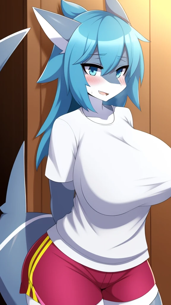 Shark girl, very sexy, big breasts, Wearing a short white sports shirt and shorts, Sweating, naked body, want to have sex, I'm in the mood to fuck.