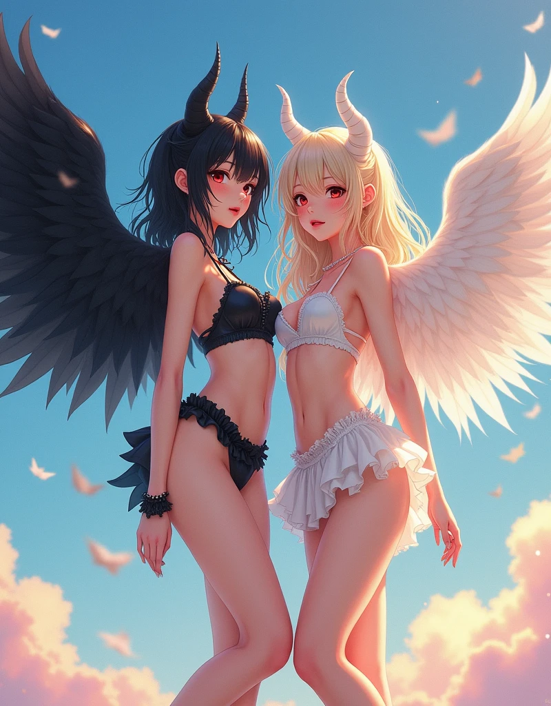 Real photo, (masterpiece), (Highest quality), (Ultra fine), (Disheveled Hair), (Body Type), Of 2 Japanese, devil and angel (Black leather ruffle bikini and white chiffon ruffle bikini), Black Devil's Wings and White angel's wings, Immersed in sky, Fashion Model, (The background is sky), Narrow and beautiful eyes, Cute Face, Floating, (High chroma), Focus on the face, Devil horns, Circle of Angels, Black bob cut hair and blond long hair, Best Shadow、