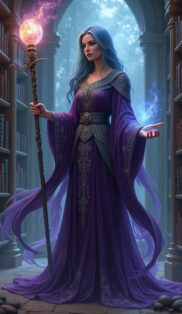 A mystical sorceress in a flowing, dark purple robe adorned with silver runes. Her staff, topped with a glowing crystal orb, radiates magic. She stands in an ancient library with shelves of spellbooks and arcane artifacts, with a swirling magical energy surrounding her.