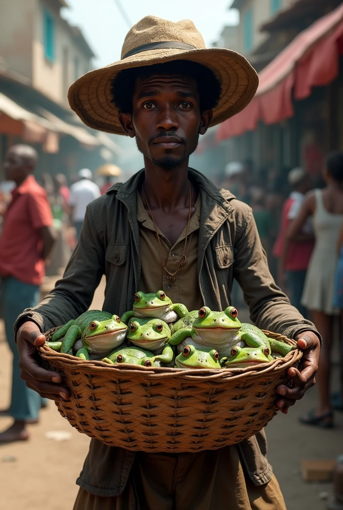 A skinky black skin person selling frog in the basket 

