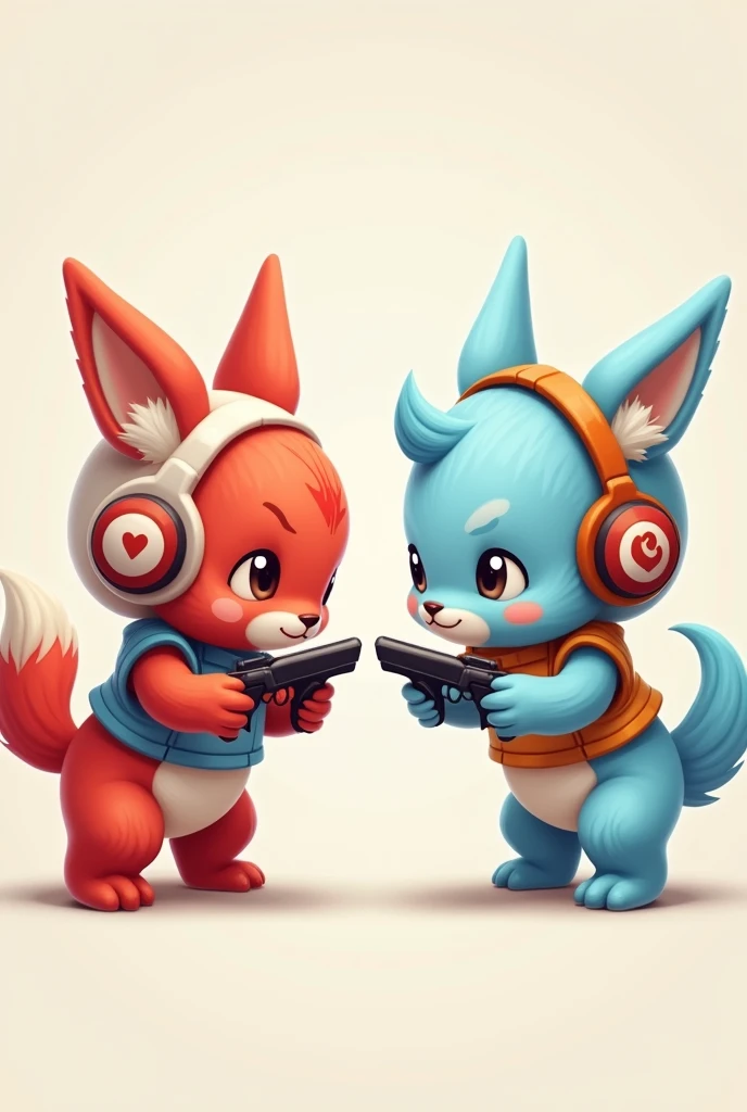 Two little creatures ,very hairy fluffy without ears ,that look like stuffed animals, one bright red and the other light blue,both very feminine and very tender with vest,helmet and weapons who are playing free fire and are sisters