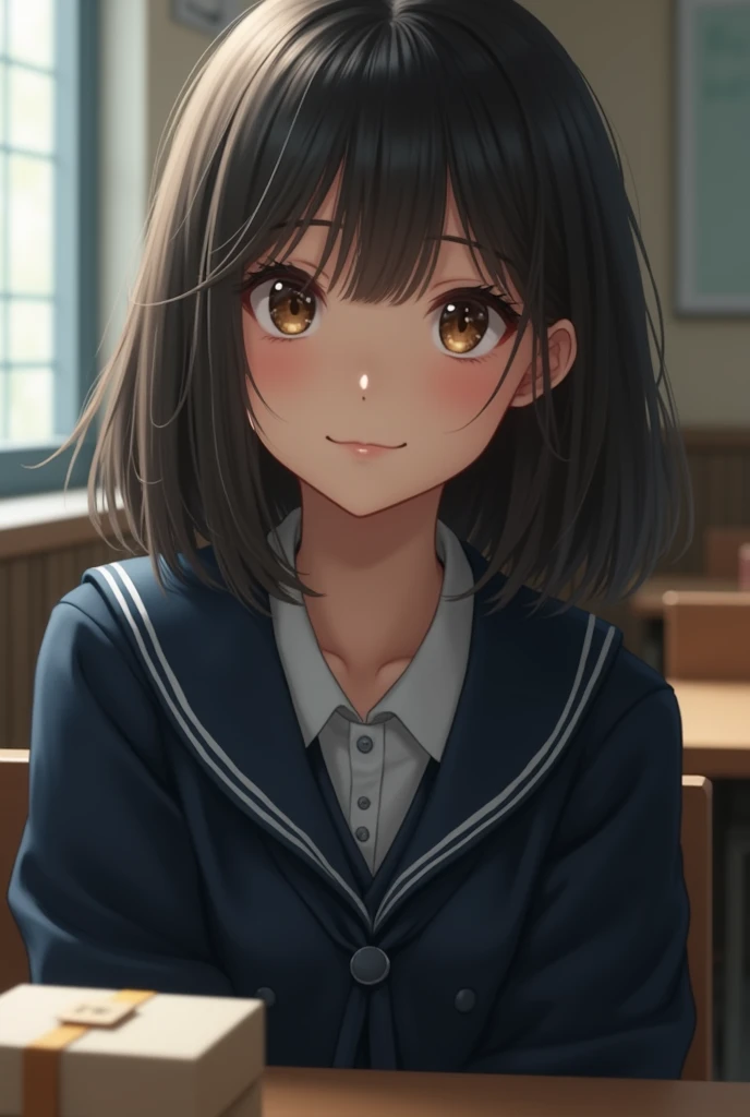 Highest quality, Face Focus, Soft Light, Ultra-high resolution, (Realistic:1.4), RAW Photos, 1 Japan, alone, cute, (A shy smile:0.5), (Brown eyes, Light in your eyes), Beautiful face in every detail, (Small box),(High resolution detail of human skin texture), (Short Bob Hair), break, In the classroom,Navy uniform, Best, skirt