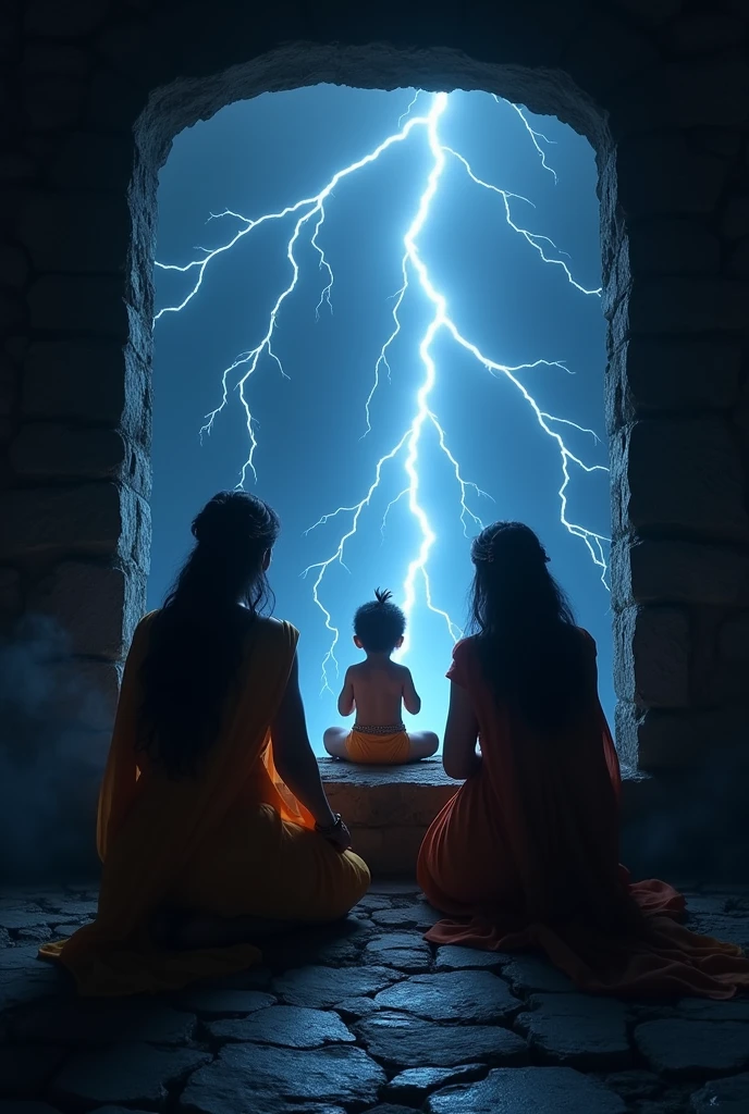 In the pitch dark of the night a strong lightning struck which was visible from the prison small window devaki and Vasudeva with lord newborn Krishna