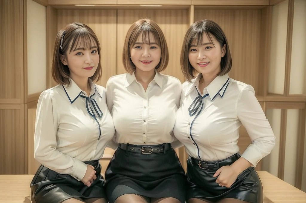 ((Best Quality, 8k, Masterpiece, Portrait: 1.3)), (looking at viewer), (close up:0.85), attractive business milfs, 4 people, a bit chubby:0.35, white collared shirt, Tight Skirt、Short skirt、Spread your legs、Bust is larger,My bust hits the person next to me、 smile, nobody office,