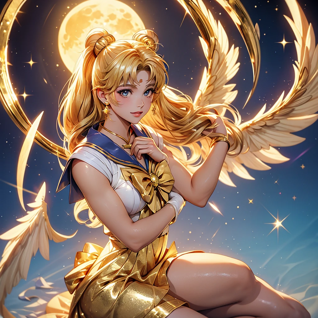 portrait of sailor moon Usagi Tsukino, big wings, golden tone, huge moon in the background, golden sparkle, beautiful golden dress