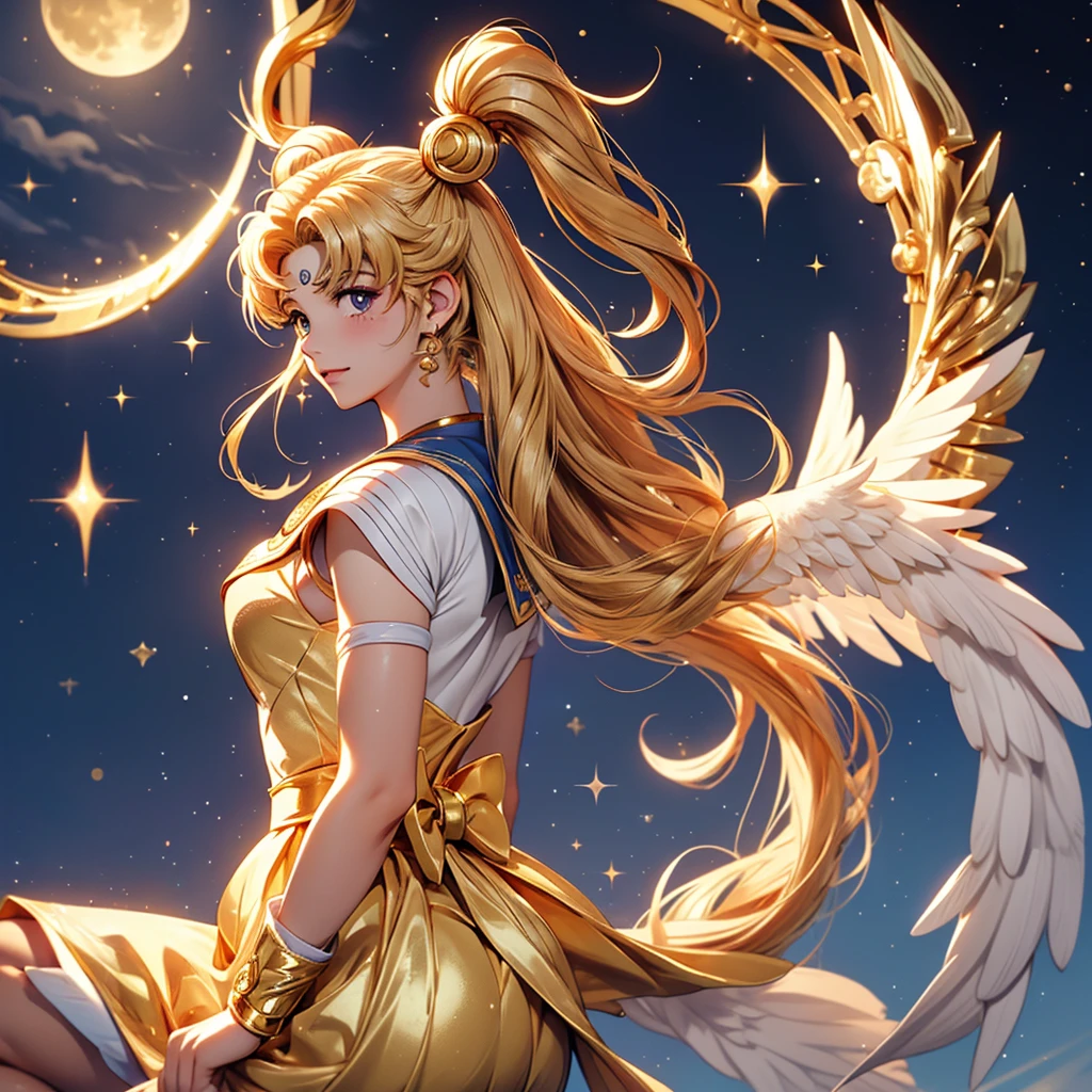portrait of sailor moon Usagi Tsukino, big wings, golden tone, huge moon in the background, golden sparkle, beautiful golden dress