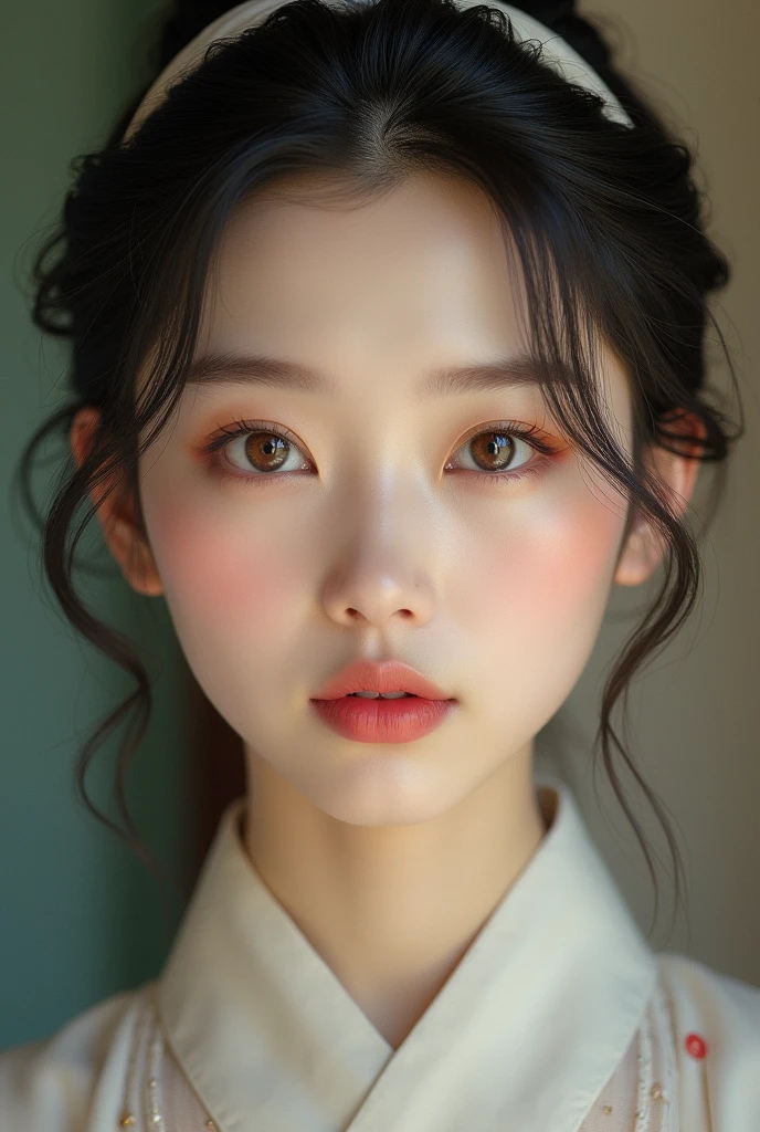 Use a hair band,Smooth forehead,No bangs to cover it,Look at the audience,Perfect facial features,High nose bridge,Thin lips,Asian beauty with big eyes