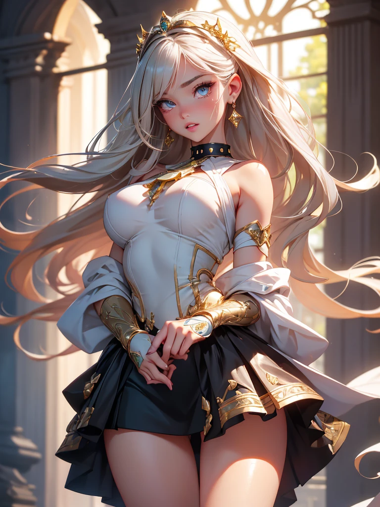 Master piece,best quality,ultra-detailed,high resolution,octane render,The overall image is of high quality, with a resolution of 8k.intricate details,absurdres,ultra hires,cute and beautiful girl,Female knigh,(1 girl),bishojyo,beautiful face,seductive young girl,female focus,full body,(perfect body),cool,kawaii,Her face is extremely detailed and expressive.the girl exudes confidence and elegance,Her pose and expression convey a sense of empowerment and strength.blonde hair,single braid,shining glossy hair;1.4,neat hairstyle,gold hair ornament,She has long eyelashes that add to her captivating appearance,(wide eyes,big bright green eyes,enchanting bright eyes studded with gold and silver dust,(finely detailed beautiful eyes),wet crystal eyes),symmetrical eyes,large highlighted eyes,pale eyes,forehead,light Red eyeshadow,highly detailed face and hair,a well-defined nose,pinky skin,glowing and smooth skin,faint lips,(plump lips,parted_lips),seductive and confident smile,standing with arms up,open mouth,pointy breasts,(very puffy soft breasts),{((perfect hand,hands with perfect five fingers,two beautiful perfectly shaped arms and legs,perfect anatomy:1.3))},(Brown corset,Silver Gauntlet,Blue Inner,Dark blue micro skirt),Tiara on the head,(white side-tie panties,garter belt,Stockings),silver thighlet,bare shoulders,expensive,allure pose,black Choker with chains,bracelet with chains,silver earrings,holding ornate longsword,Blushing face,emphasizing her facial expression and beautiful body lines,dynamic angle,from below,sweat,perspired,steam,wet,fantasy,creating a visually stunning effect,adding to the overall appeal,excited expression towards the camera,psychedelic,in Ancient Castle Garden