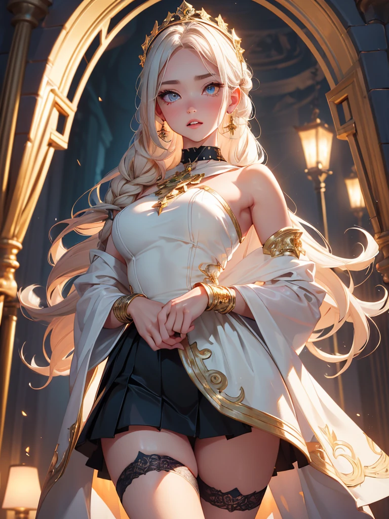 Master piece,best quality,ultra-detailed,high resolution,octane render,The overall image is of high quality, with a resolution of 8k.intricate details,absurdres,ultra hires,cute and beautiful girl,Female knigh,(1 girl),bishojyo,beautiful face,seductive young girl,female focus,full body,(perfect body),cool,kawaii,Her face is extremely detailed and expressive.the girl exudes confidence and elegance,Her pose and expression convey a sense of empowerment and strength.blonde hair,single braid,shining glossy hair;1.4,neat hairstyle,gold hair ornament,She has long eyelashes that add to her captivating appearance,(wide eyes,big bright green eyes,enchanting bright eyes studded with gold and silver dust,(finely detailed beautiful eyes),wet crystal eyes),symmetrical eyes,large highlighted eyes,pale eyes,forehead,light Red eyeshadow,highly detailed face and hair,a well-defined nose,pinky skin,glowing and smooth skin,faint lips,(plump lips,parted_lips),seductive and confident smile,standing with arms up,open mouth,pointy breasts,(very puffy soft breasts),{((perfect hand,hands with perfect five fingers,two beautiful perfectly shaped arms and legs,perfect ???????:1.3))},(Brown corset,Silver Gauntlet,Blue Inner,Dark blue micro skirt),Tiara on the head,(white side-tie panties,garter belt,Stockings),silver thighlet,bare shoulders,expensive,allure pose,black Choker with chains,bracelet with chains,silver earrings,holding ornate longsword,Blushing face,emphasizing her facial expression and beautiful body lines,dynamic angle,from below,sweat,perspired,steam,wet,fantasy,creating a visually stunning effect,adding to the overall appeal,excited expression towards the camera,psychedelic,in Ancient Castle Garden