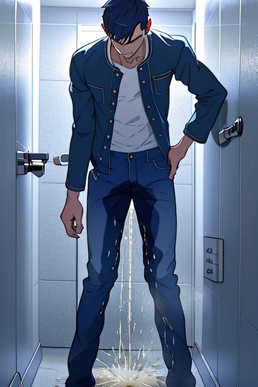 In the morning bathroom, a slender and mascular young man in his blue pants is pissing himself. There is a pee wet spot on his pants because he is pissing himself. He is holding his crotch to stop peeing. He is pee is still leaking out from his blue pants. He looks ashamed of peeing himself. Embarrassed. Anime.