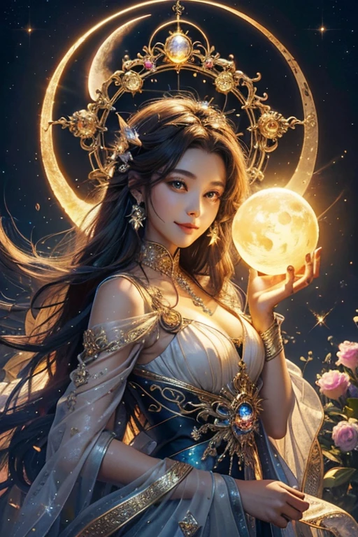 A light orb with magician circle around the orb, hand, many shining butterfly, creepy smile, sparkle sky, shining, gust of wind, light flowers, sun and moon, dark light of fantastic and cosmological with universal. Amazing view very bright and warm starry. Detail, HD, Enchanted. Multiple colours. Beautiful perfect face and anatomy. Amazing bright dress. Very epic and bright, best pose. A goddess. Golden shining accessories.
