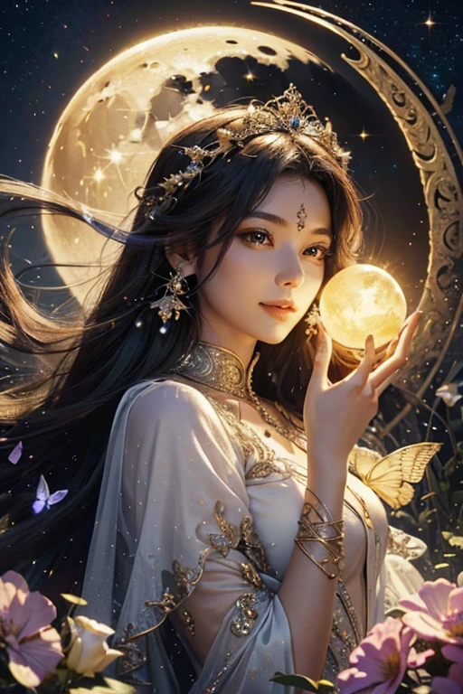 A light orb with magician circle around the orb, hand, many shining butterfly, creepy smile, sparkle sky, shining, gust of wind, light flowers, sun and moon, dark light of fantastic and cosmological with universal. Amazing view very bright and warm starry. Detail, HD, Enchanted. Multiple colours. Beautiful perfect face and anatomy. Amazing bright dress. Very epic and bright, best pose. A goddess. Golden shining accessories.