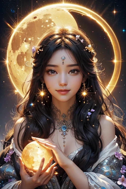 A light orb with magician circle around the orb, hand, many shining butterfly, creepy smile, sparkle sky, shining, gust of wind, light flowers, sun and moon, dark light of fantastic and cosmological with universal. Amazing view very bright and warm starry. Detail, HD, Enchanted. Multiple colours. Beautiful perfect face and anatomy. Amazing bright dress. Very epic and bright, best pose. A goddess. Golden shining accessories.